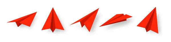 Realistische Rode Papieren Vliegtuigen Collectie Handgemaakte Origami Vliegtuigen Vlakke Stijl — Stockvector