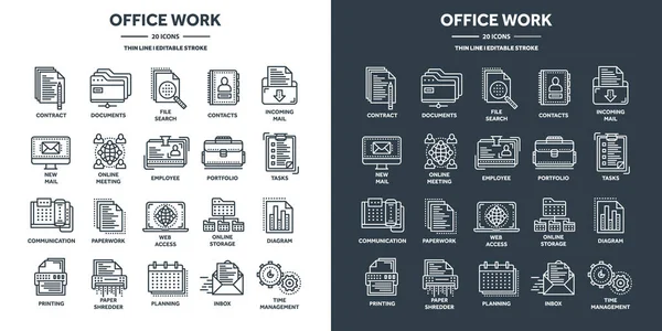 stock vector Business and office work, planning and scheduling. Daily schedule, employees, working day. Office tools and stationery supplies, documents, paperwork. Thin line web icons set. Vector illustration.