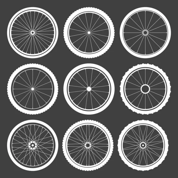 Nero Bicicletta Ruota Collezione Simboli Silhouette Pneumatici Gomma Bici Ciclo — Vettoriale Stock