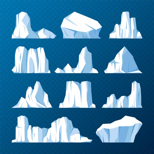 浮动的冰山集合 漂移的北极冰川 冰冷的海水 多雪的群山 融化的冰峰 南极雪景 南极和北极 矢量说明 — 图库矢量图片