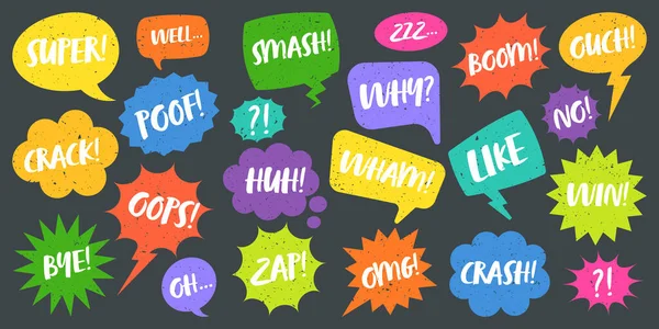 Colorful Grunge Comic Speech Bubbles Handwritten Text Hand Drawn Retro — Stock Vector