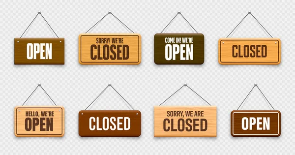 Wooden Open Closed Hanging Signboards Made Wood Door Sign Cafe — Stock Vector