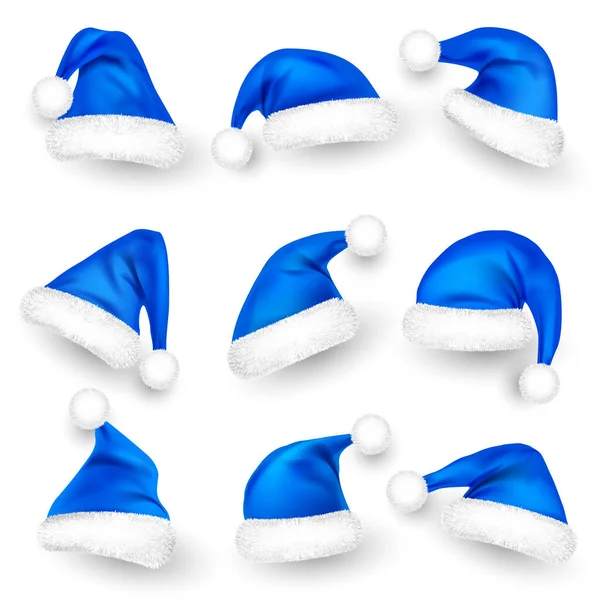Varios Sombreros Santa Claus Con Piel Sombrero Azul Año Nuevo — Vector de stock