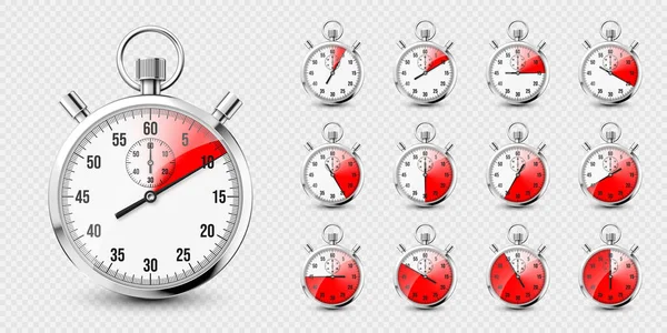 现实的经典秒表图标 新金属计时器 计时器与刻度盘 红色倒计时显示分分秒秒 运动时间的测量 开始和结束 矢量说明 — 图库矢量图片