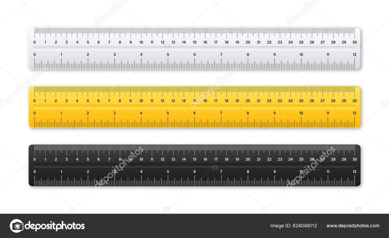 Realistas Várias Réguas Plástico Com Escala Medição Divisões Marcas Medida  Vetor de ©floral_set 624048012, image size:1600x980