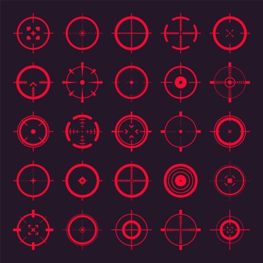 Crosshair, silah görüş vektör simgeleri. Tam isabet, kırmızı hedef ya da nişan sembolü. Askeri tüfek dürbünü, işaret fişeği. Nişan alıyorum, nişan alıyorum. Okçuluk, avcılık ve spor atıcılığı. Oyun UI ögesi