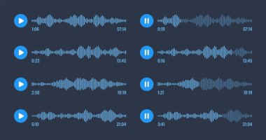 Sesli mesaj, sosyal medya sohbeti. Mesajlaşma uygulaması, müzik çalar, ses veya video düzenleyici arayüzü ögesi. Ses asistanı, kayıt cihazı. Ses dalgaları. Karanlık mod. Vektör illüstrasyonu.