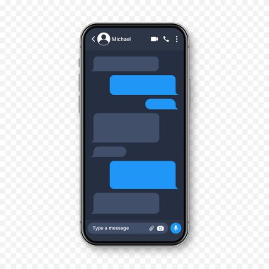 Mesajlaşma uygulaması olan gerçekçi bir akıllı telefon. Boş SMS metin çerçevesi. Mavi mesaj baloncuklarıyla sohbet ekranı. Sosyal medya uygulaması. Vektör illüstrasyonu