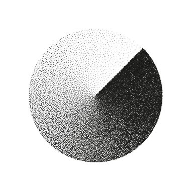 Round shaped dotted object, stipple elements. Fading gradient. Stippling, dotwork drawing, shading using dots. Pixel disintegration, halftone effect. White noise grainy texture. Vector illustration.