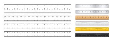 Gerçekçi metal ve plastik cetveller. Bölünme ile ölçü ölçekleri. Ölçüm uzunluğu veya yüksekliği santimetre, inç olarak ölçeklendir. Cetvel, mezura işaretleri, boyut göstergeleri. Vektör illüstrasyonu. 
