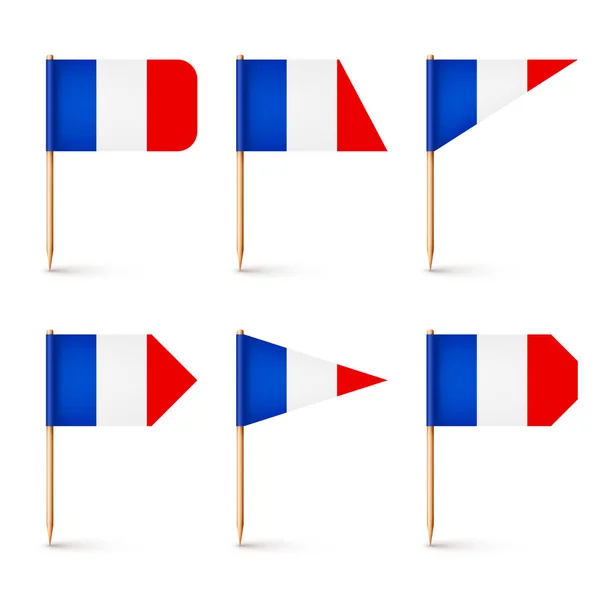現実的な様々なフランスの爪楊枝のフラグ フランスのお土産 紙の旗を持つ木製のつまようじ 位置情報 地図ポインタ 広告やプロモーションのためのブランクモックアップ ベクターイラスト — ストックベクタ