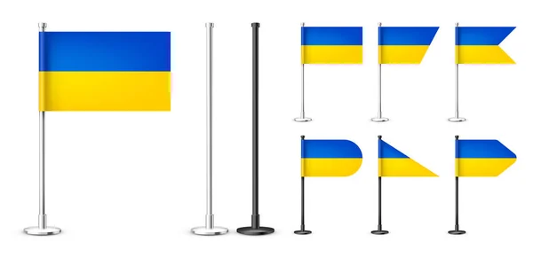Realisztikus Különböző Ukrán Asztali Zászlók Egy Króm Acél Rúdon Szuvenír — Stock Vector