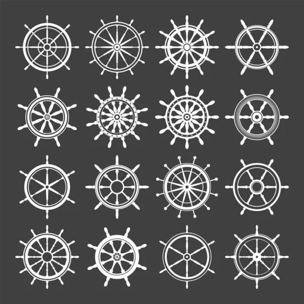 Collection White Vintage Steering Wheels Ship Yacht Retro Wheel Symbol — Stockvector