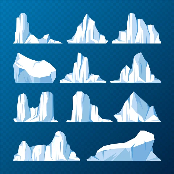 浮遊氷山コレクション 北極の氷河 凍った海の水のブロックを漂流 雪の氷の山 氷のピークを溶かす 南極の雪景色 南極点と北極点 ベクターイラスト — ストックベクタ