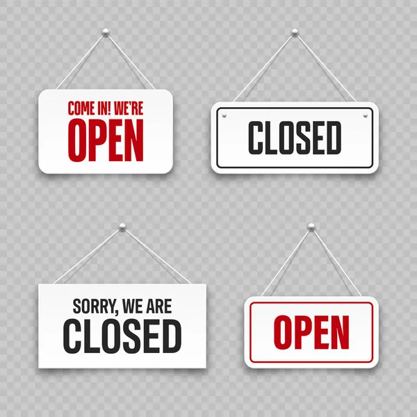 Realistic Open Closed Hanging Signboards Vintage Door Sign Cafe Restaurant — Stock Vector