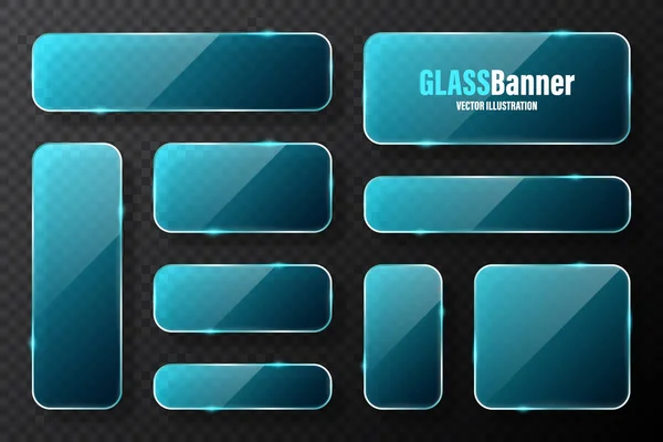 Realistic Glass Frames Collection Blue Transparent Glass Banners Flares Highlights — Stock Vector