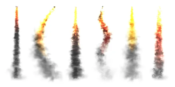 Realistic Black Smoke Fire Space Rocket Launch Trails Fire Burst — Vetor de Stock