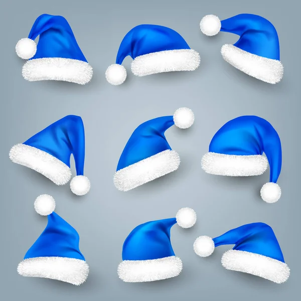 Various Santa Claus Hats Fur New Year Blue Hat Realistic — Stock vektor