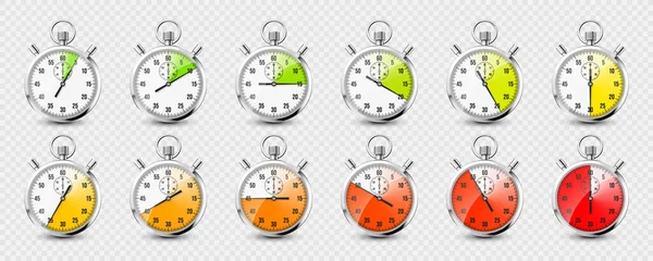 Realistische Klassische Stoppuhren Ikonen Glänzendes Metall Chronometer Zeitzähler Mit Zifferblatt — Stockvektor