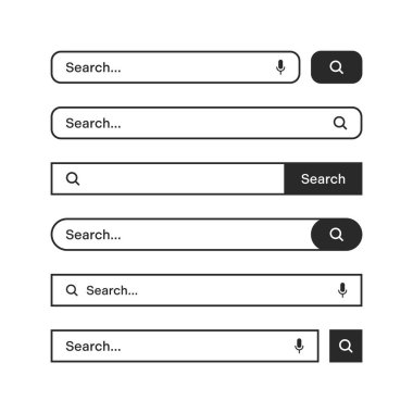 Various search bars with outline border. Internet browser engine with search box, address bar and text field. UI design, website interface element, web icons and push button. Vector illustration.
