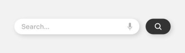 Yuvarlak köşeli arama barı. Arama kutusu, adres çubuğu ve metin alanı olan internet tarayıcı motoru. Kullanıcı tasarımı, web arayüzü ögesi web simgeleri ve düğmeye basın. Vektör illüstrasyonu.