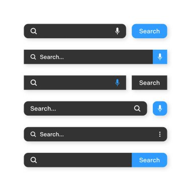 Various search bar templates, dark mode. Internet browser engine with search box, address bar and text field. UI design, website interface element with web icons and push button. Vector illustration.