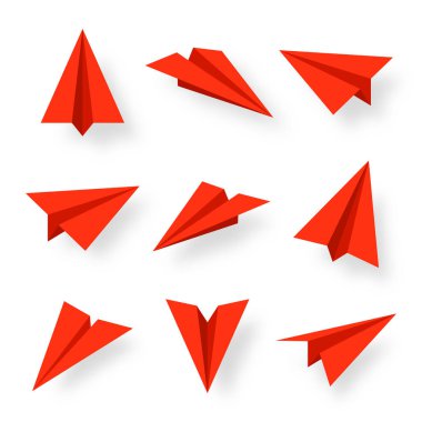 Realistic red paper planes collection. Handmade origami aircraft in flat style. Paper toy for a child. Business concept element, project startup and goal achievement. Vector illustration.