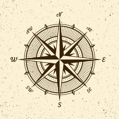 Klasik deniz rüzgârı yükseldi, deniz haritası. Kuzey, Doğu, Güney, Batı 'nın başlıca yönlerini gösteren tek renkli seyir pusulası. Coğrafi konum, haritacılık ve navigasyon. Vektör illüstrasyonu