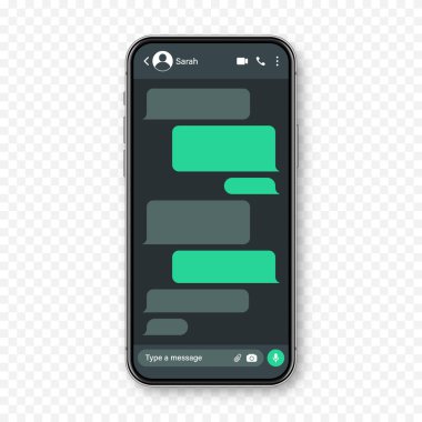 Mesajlaşma uygulaması olan gerçekçi bir akıllı telefon. Boş SMS metin çerçevesi. Yeşil mesaj baloncuklarıyla sohbet ekranı. Sosyal medya uygulaması. Karanlık mod. Vektör illüstrasyonu.