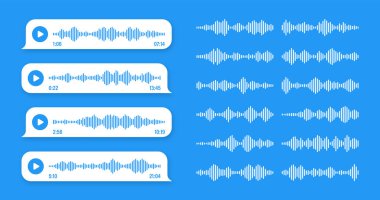 Ses, sesli mesaj, mavi konuşma balonu. SMS metin çerçevesi. Sosyal medya sohbeti ya da mesajlaşma uygulaması sohbeti. Ses asistanı, kayıt cihazı. Ses dalgaları. Vektör illüstrasyonu.