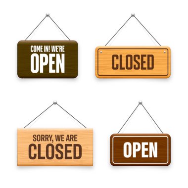 Tahta açık ya da kapalı tabeladır. Kafe, restoran, bar veya perakende mağazası için ahşap kapı tabelasından yapılmış. Duyuru pankartı, iş ya da hizmet için bilgi tabelası. Vektör illüstrasyonu.