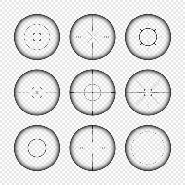 Çeşitli silah görüşleri, keskin nişancı tüfeği optik dürbünleri. Çapraz görüşlü av tüfeği arayıcısı. Nişan al, nişan işareti sembolü. Askeri hedef işareti, siluet. Oyun arayüzü UI ögesi. Vektör illüstrasyonu.