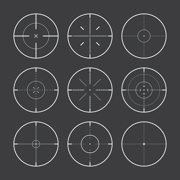 様々な狙撃銃の光景 武器の光学スコープの十字線 狩猟銃のファインダー マーク シンボルを狙え 軍の標識だ ゲームインターフェースUi要素 ベクターイラスト — ストックベクタ