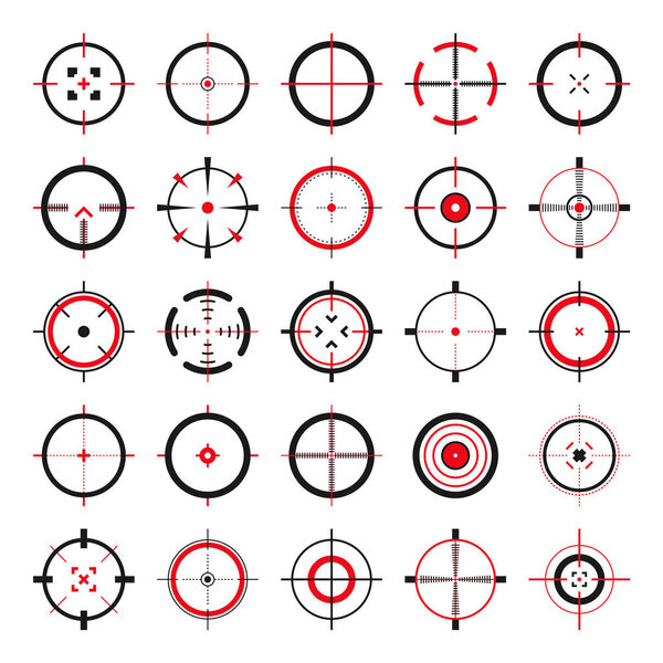 Crosshair, gun sight vector icons. Bullseye, black target or aim symbol. Military rifle scope, shooting mark sign. Targeting, aiming for a shot. Archery, hunting and sports shooting. Game UI element