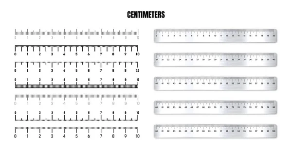 Realistic metal rulers with black centimeter scale for measuring length or height. Various measurement scales with divisions. Ruler, tape measure marks, size indicators. Vector illustration.