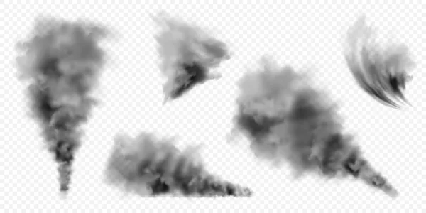 Realistische Schwarze Rauchwolken Rauchschwaden Von Brennenden Gegenständen Transparenter Nebeleffekt Vektordesign — Stockvektor