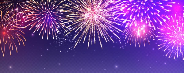 透明感のあるリアルなお祝い花火 明るい火花でカラフルな爆発 クリスマスや新年のグリーティングカードのデザイン要素 光のディワリ祭 ベクターイラスト — ストックベクタ