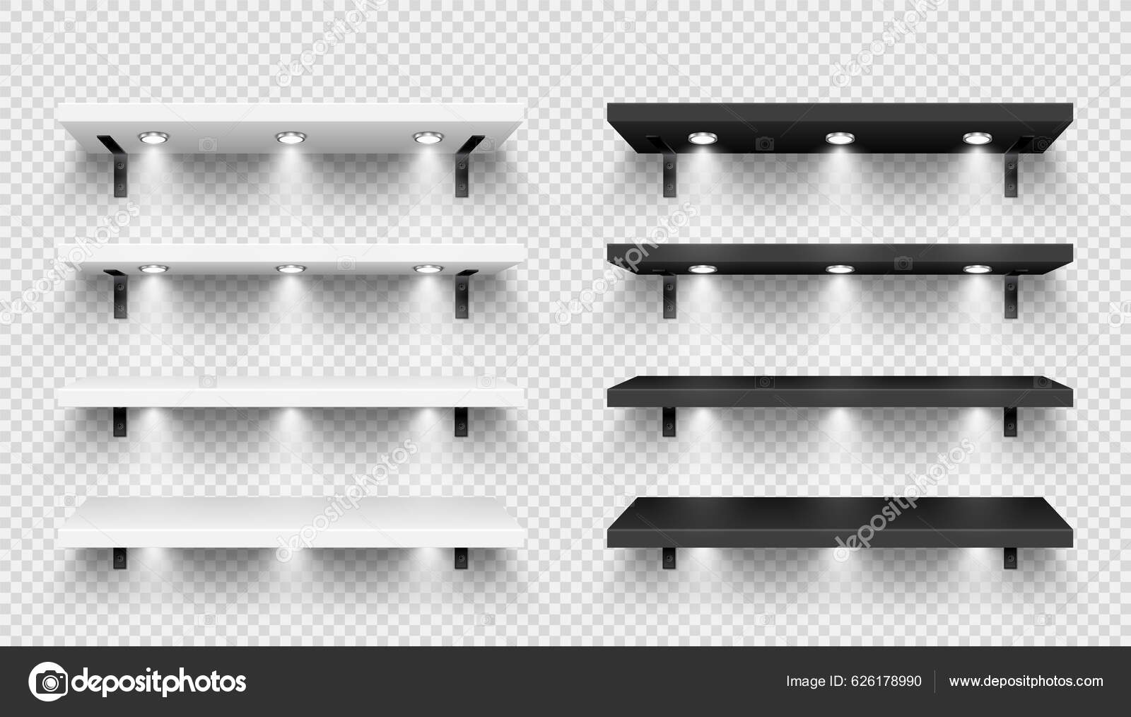 Estantes Tienda Realistas Con Montaje Pared Iluminación Focos Estante  Producto Vector de stock #626178990 de ©floral_set, image size:1600x1014