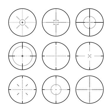 Çeşitli keskin nişancı tüfeği görüşleri, silah optik dürbün görüşü. Avcı silahı dürbünü. Atış işareti, nişan al. Askeri hedef işareti. Oyun arayüzü UI ögesi. Vektör illüstrasyonu.