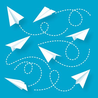 Çeşitli gerçekçi beyaz kağıt uçak koleksiyonu. Noktalı karalama rotalı el yapımı origami uçak. İş konsepti, proje açılışı ve hedef başarısı. Vektör illüstrasyonu.