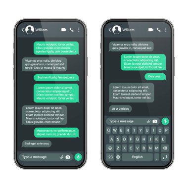 Mesajlaşma uygulaması olan gerçekçi bir akıllı telefon. SMS metin çerçevesi. Yeşil mesaj baloncukları ve yer tutucu metin ile sohbet ekranı. Karanlık mod. Sosyal medya uygulaması. Vektör illüstrasyonu.
