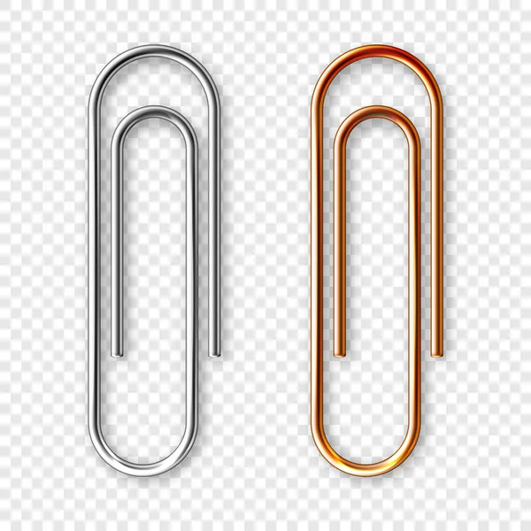 Realistic Copper Steel Paperclips Attached Paper Shiny Metal Paper Clip — Stock Vector