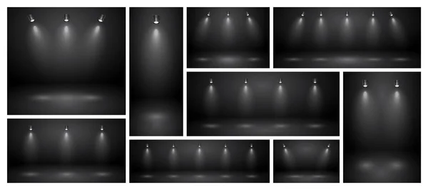 Puste Czarne Studio Abstrakcyjne Tła Reflektorami Prezentacja Produktu Tło Efektem — Wektor stockowy