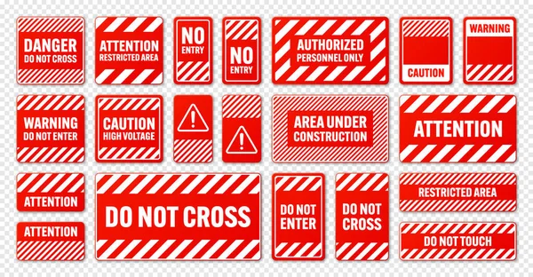 各种带有对角线的白色和红色警告标志 危险或警告标志 建筑工地标志 现实的告示牌 警告横幅 道路盾牌 矢量说明 — 图库矢量图片