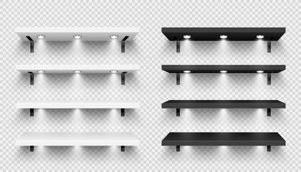 Realistic Store Shelves Wall Mount Lighting Spotlights Empty Product Shelf — Stock Vector