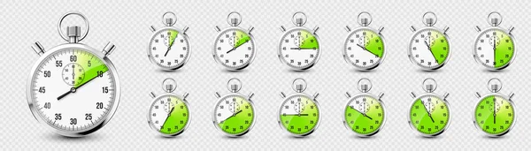 Realistické Klasické Stopky Ikony Lesklý Kovový Chronometr Ciferníkem Časovač Zeleného — Stockový vektor