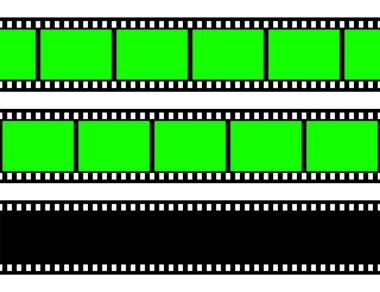 Realistic blank film strip, camera roll. Old retro cinema movie strip with green chroma key background. Analog video recording and photography. Visual effects compositing. Vector illustration.