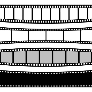 Eğri film şeritleri koleksiyonu. Eski bir film şeridi. Analog video kayıt ekipmanları. Vektör illüstrasyonu.