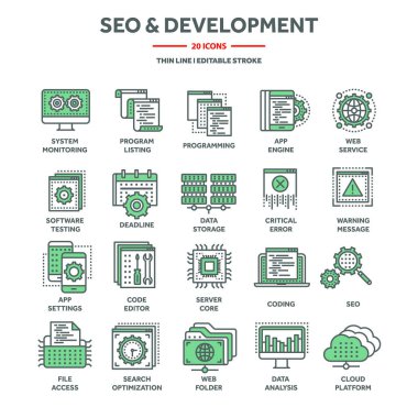 Arama motoru optimizasyonu, SEO ve geliştirme. İnternet teknolojisi, çevrimiçi veri koruması. Bilgi güvenliği, veri paylaşımı, yedekleme. İnce ağ simgeleri ayarlandı. Vektör illüstrasyonu. 