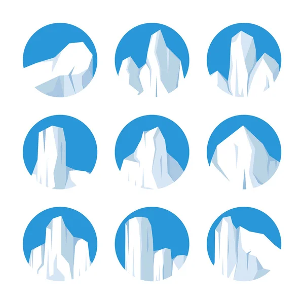 Collection Icebergs Flottants Glacier Arctique Dérivant Bloc Eau Mer Gelée — Image vectorielle
